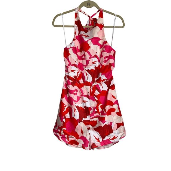 Lulus Romper Womens Medium Red Instantly Iconic Abstract Print Satin Halter NWT - Picture 1 of 12